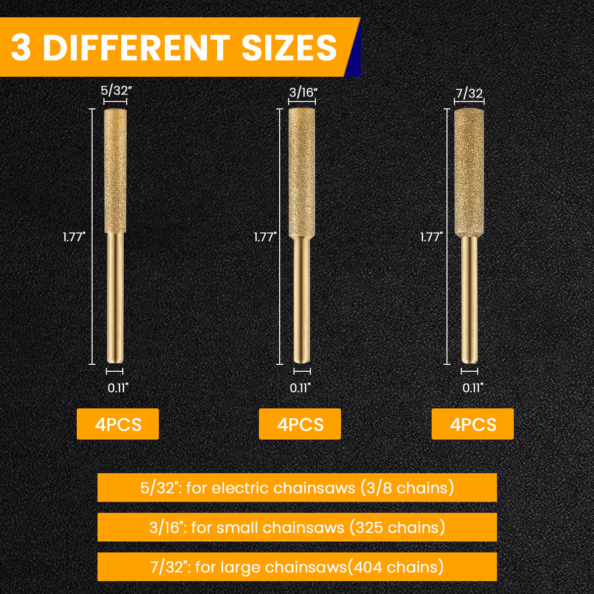 Serplex 12Pcs Chainsaw Sharpener Bits Titanium Plated High Hardness Sharpening Attachments for Chainsaw Chain 4/4.8/5.5mm dia Coarse Emery Sharpening Bits for Electric Power Tools Rotary Tools Serplex 12Pcs Chainsaw Sharpener Bits Titanium Plated High Hardness Sharpening Attachments for Chainsaw Chain 4/4.8/5.5mm dia Coarse Emery Sharpening Bits for Electric Power Tools Rotary Tools